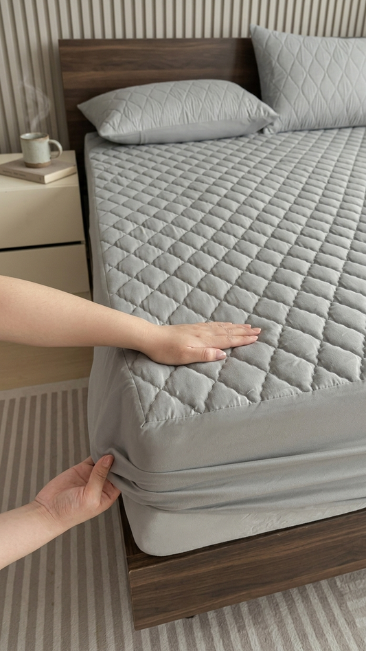 Waterproof Quilted Mattress Cover – Soft Cotton Bed Protector Grey